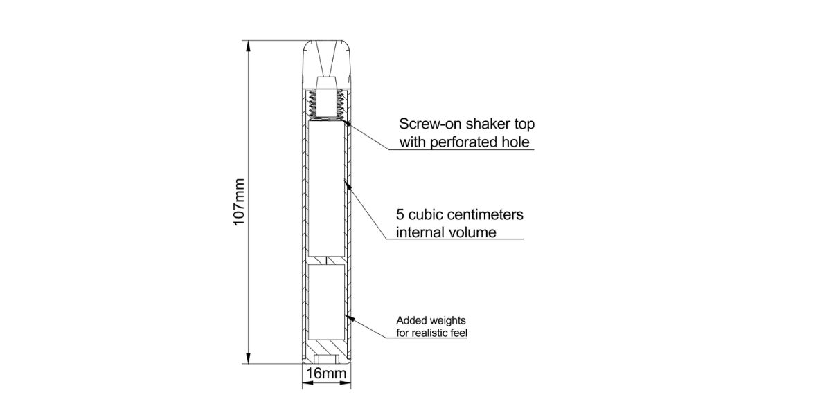 Technical drawing of a Spice Bar shaker: 107 by 16 millimetres, screw-on top, added weights